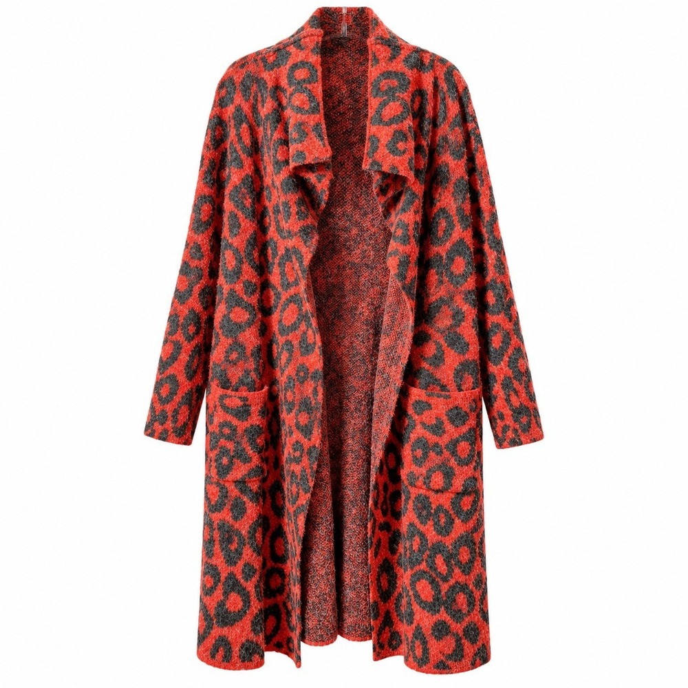 JOSEPH A. Open-Front Longline Cardigan Coat Womens Sz XL Red Black Animal Print